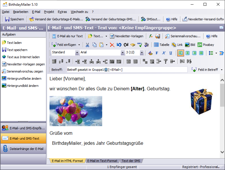 Screenshot vom Programm: BirthdayMailer Standard